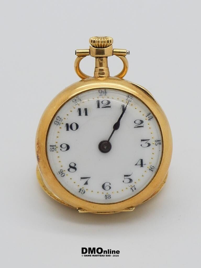 Gold pocket watch with white dial and black numerals, showing about 12:10 on a white background.