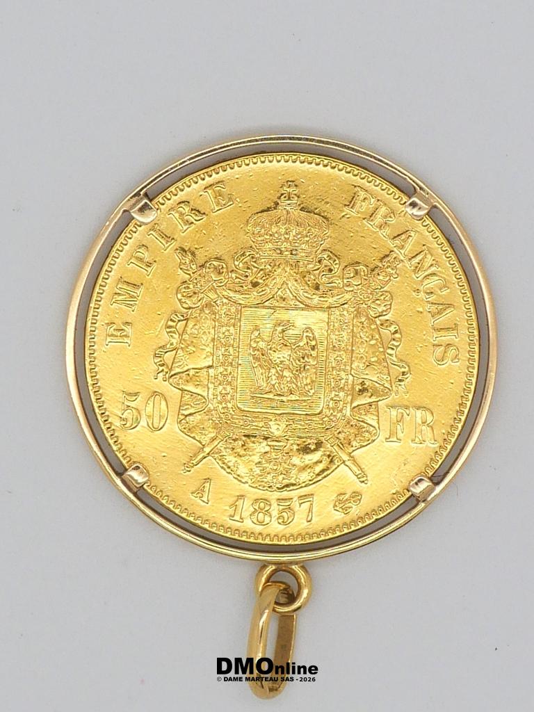 Gold French Empire coin pendant featuring a coat of arms, with the inscription 'EMPIRE FRANCAIS' and '50 FR', date '1857', and a hanging ring at the bottom.