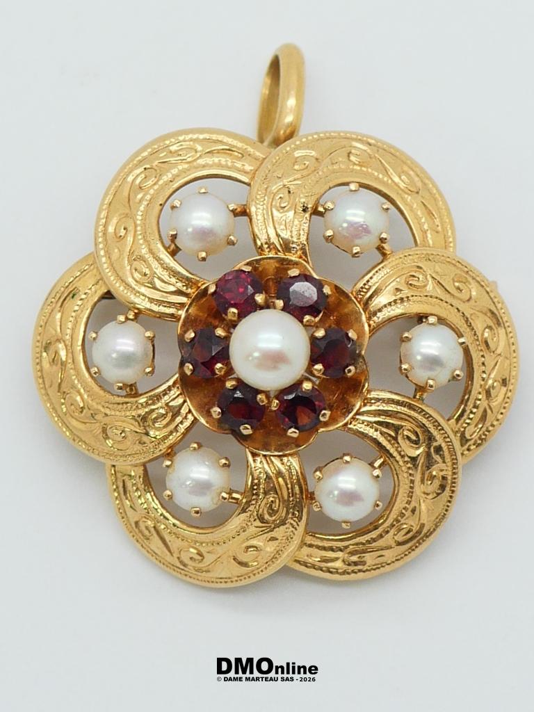 Gold floral pendant with central pearl surrounded by red gemstones and white pearl accents.